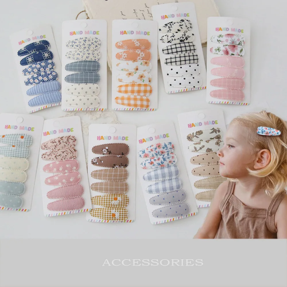 

6pcs Kids Girls Snap Hair Clips - Tartan Plaid Floral Cotton Dot Spot Hairpins Baby BB Berrettes for Girls Hair Accessories