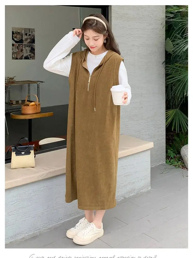 

Korean Style Maternity Clothes Loose Casual White Cotton Top+hooded Sundress Plus Size Pregnant Woman Hoodies Dress Clothes Set