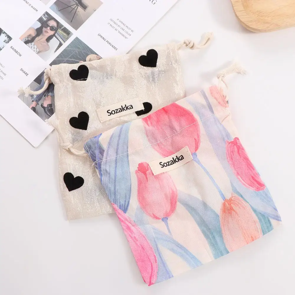 Sozakka Floral Drawstring Storage Pouch Vintage Portable Love Heart Cosmetic Bag Sachet Large Capacity