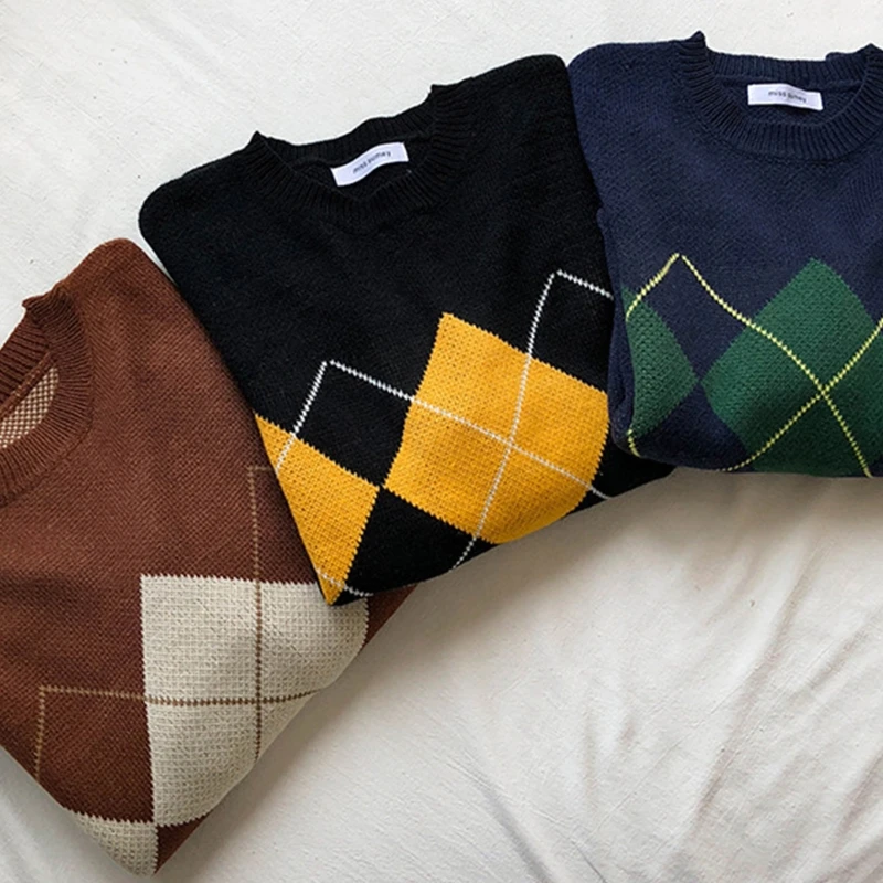 Women Autumn Long Sleeve O-Neck Sweater Korean College Argyle Plaid Pattern Pullover Tops Oversized Loose Jumper Dropship