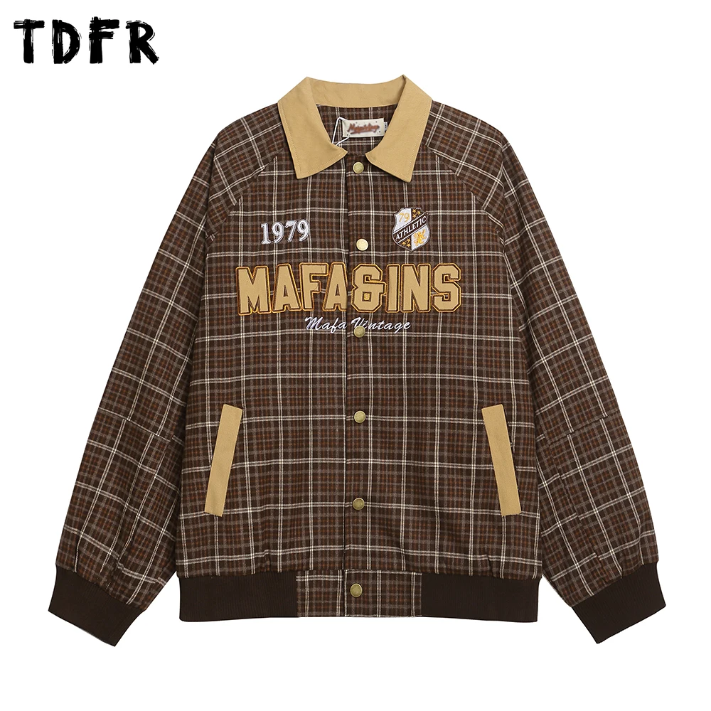 

Letter Embroidery Plaid Jacket Mens Pocket Autumn Retro Spliced Lapel Raglan Long Sleeve Loose Single Breasted Outerwear Man