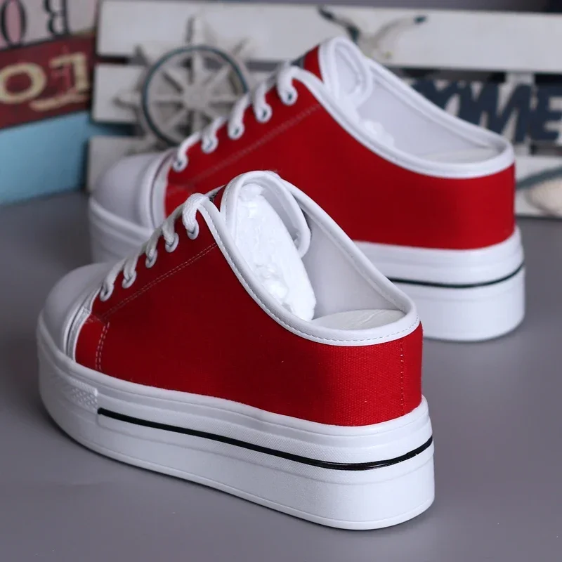 

Pop Elegant Black White Canvas Platform Wedge Slippers Women Mules Shoes Leisure Stealth Increase Slippers Woman Closed Toe Sand