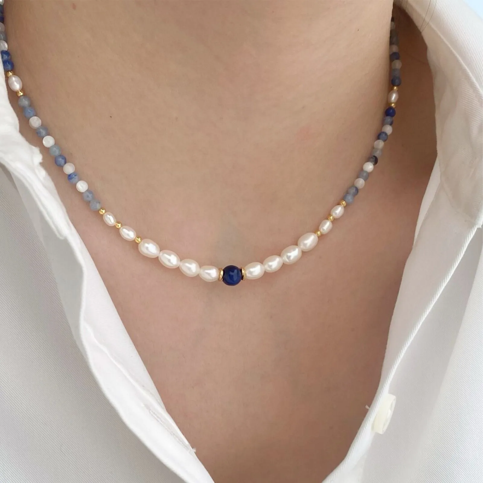100% Natürliche Süßwasserperle & Lapislazuli 14K Gold gefülltes Damen-Schmuckset Halskette Armband Kein Verblassen 2027 Neuer Stil – Detail 3