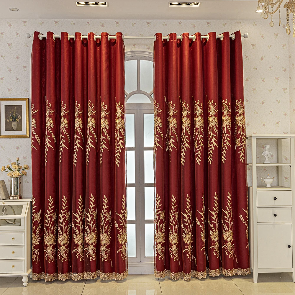 Gold Thread Embroidered Double Layer Curtain for Room Luxury European Style Red Blackout Window Treatment Grommet Top Drapery