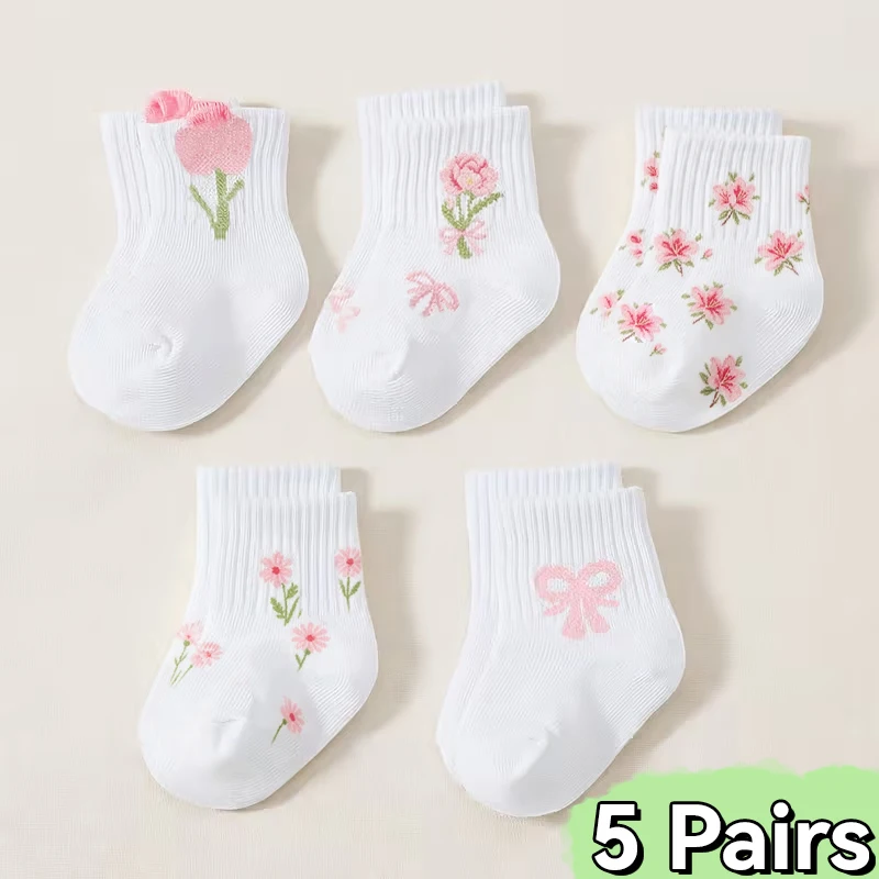 Baby Socks 5 Pairs/lot 0‑4Y Cute Floral Bow Print Toddler Girls Socks Soft Breathable White Short Socks Newborn Infant Kids Sock