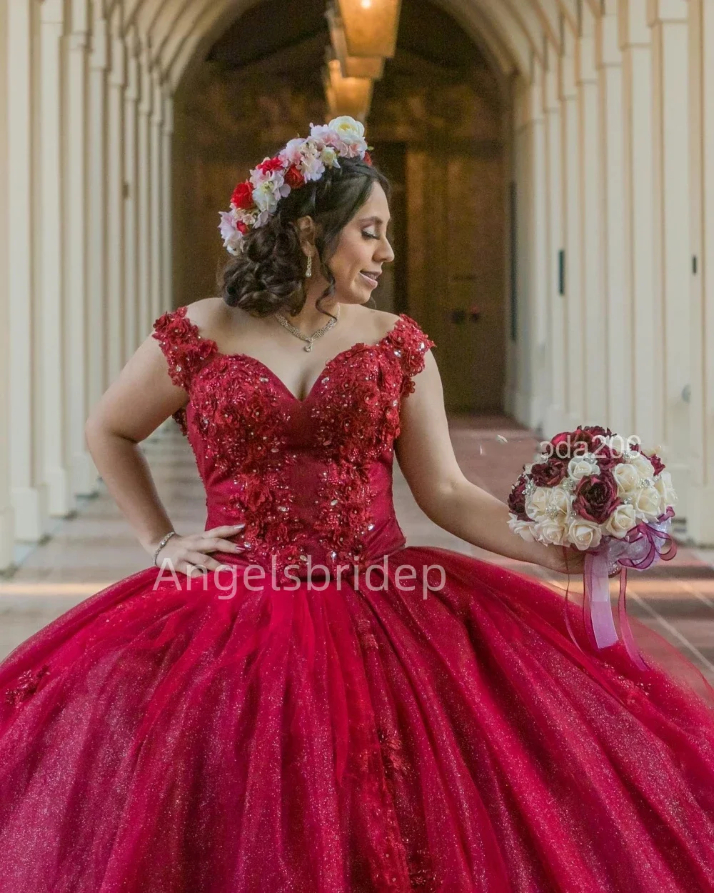 Angelsbride Burgundy Ball Gown Quinceanera Dresses With Beading 3D Flora Cinderella Birthday Party Gown Vestido De 15 Años