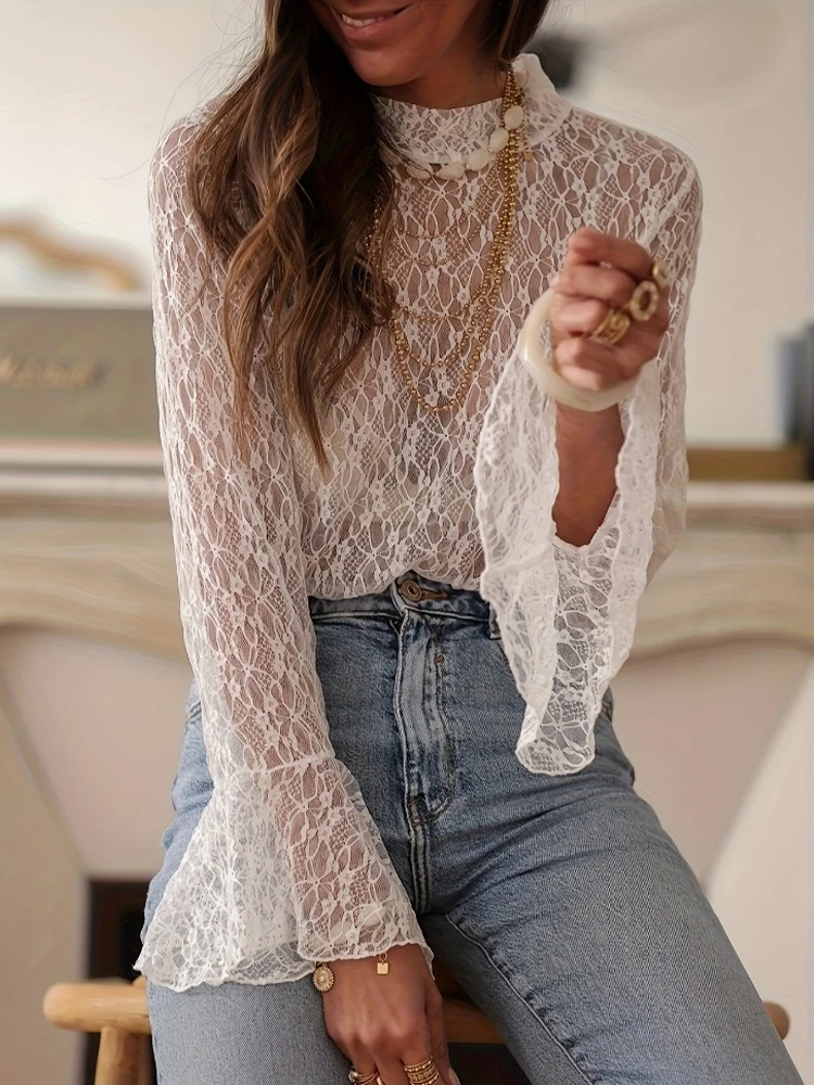 우아한 시스루 레이스 이너 셔츠 봄 가을 여성 루즈핏 플레어 긴팔 메쉬 블라우스 스윗 캐주얼 섹시 화이트 탑