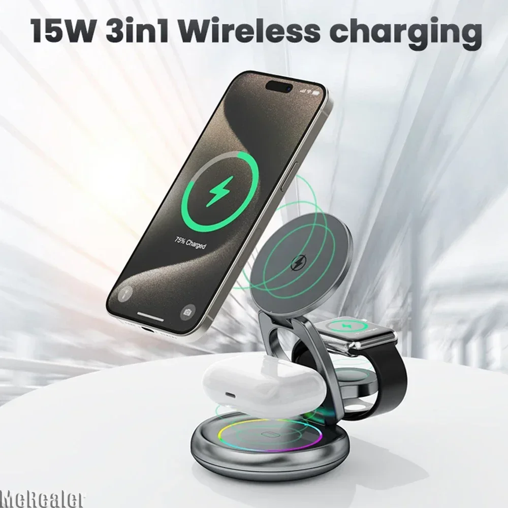 New Portable Three-in-one Foldable Mini Wireless Charger for Iphone Apple Watch Earphones Grey Wireless Charging Metal Bracket