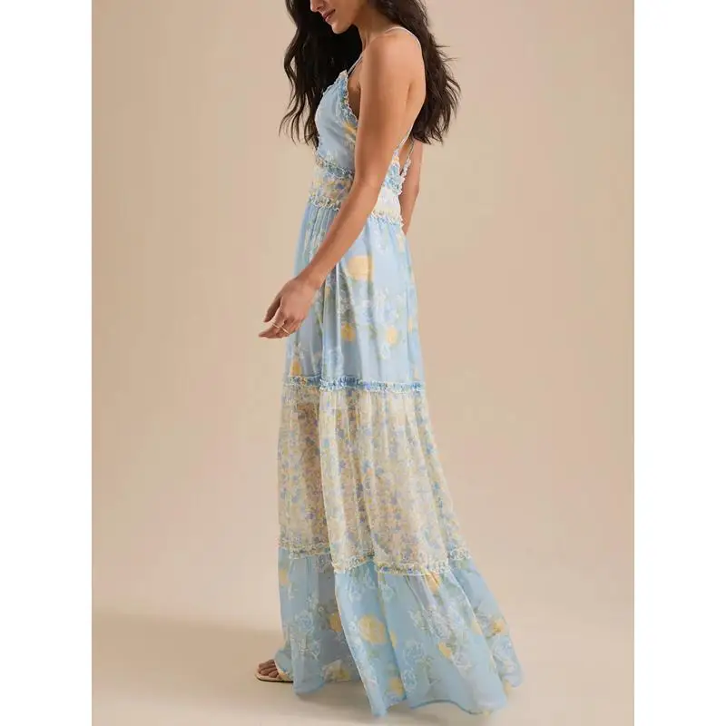 Combhasaki Women Summer Ruffled Frills Trim V-Neck Adjustable Shoulder Straps Backless Cross A-line Floral Long Dress Beachwear
