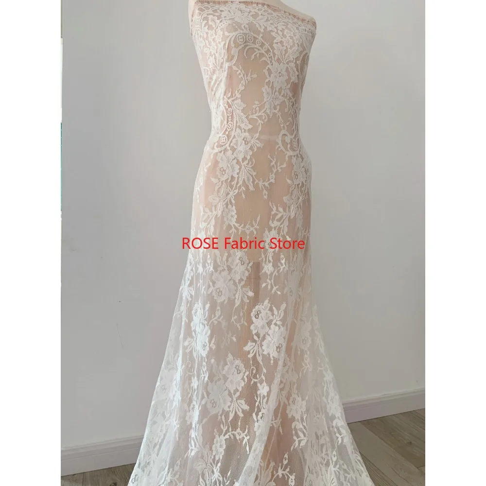 Elegant French Floral Lace Fabric Off‑White Mesh Tulle Lace for Bridal Wedding Gown Evening Dress Nightgown DIY Sewing Material