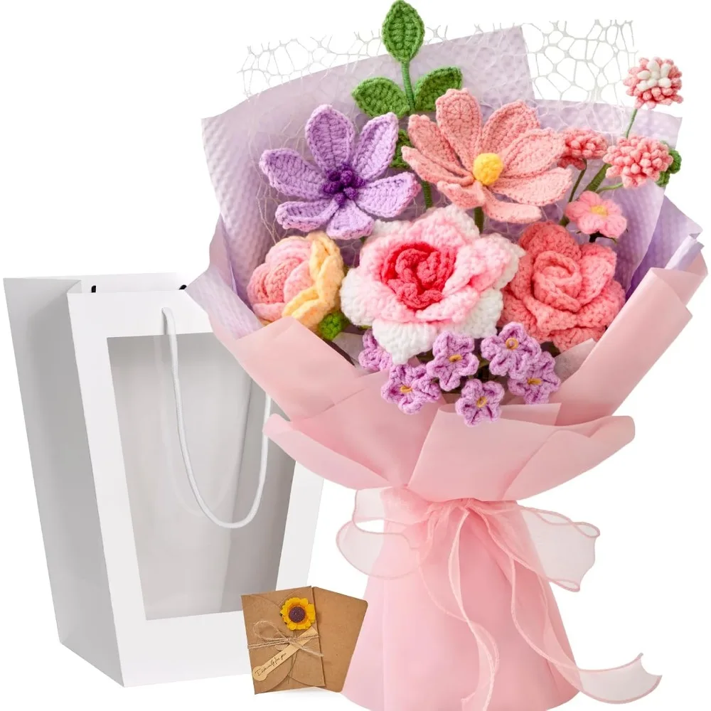 Ramo de Flores de Crochet, Flores Tejidas a Mano para el Día de la Madre | Regalo Eterno para Ocasiones Especiales