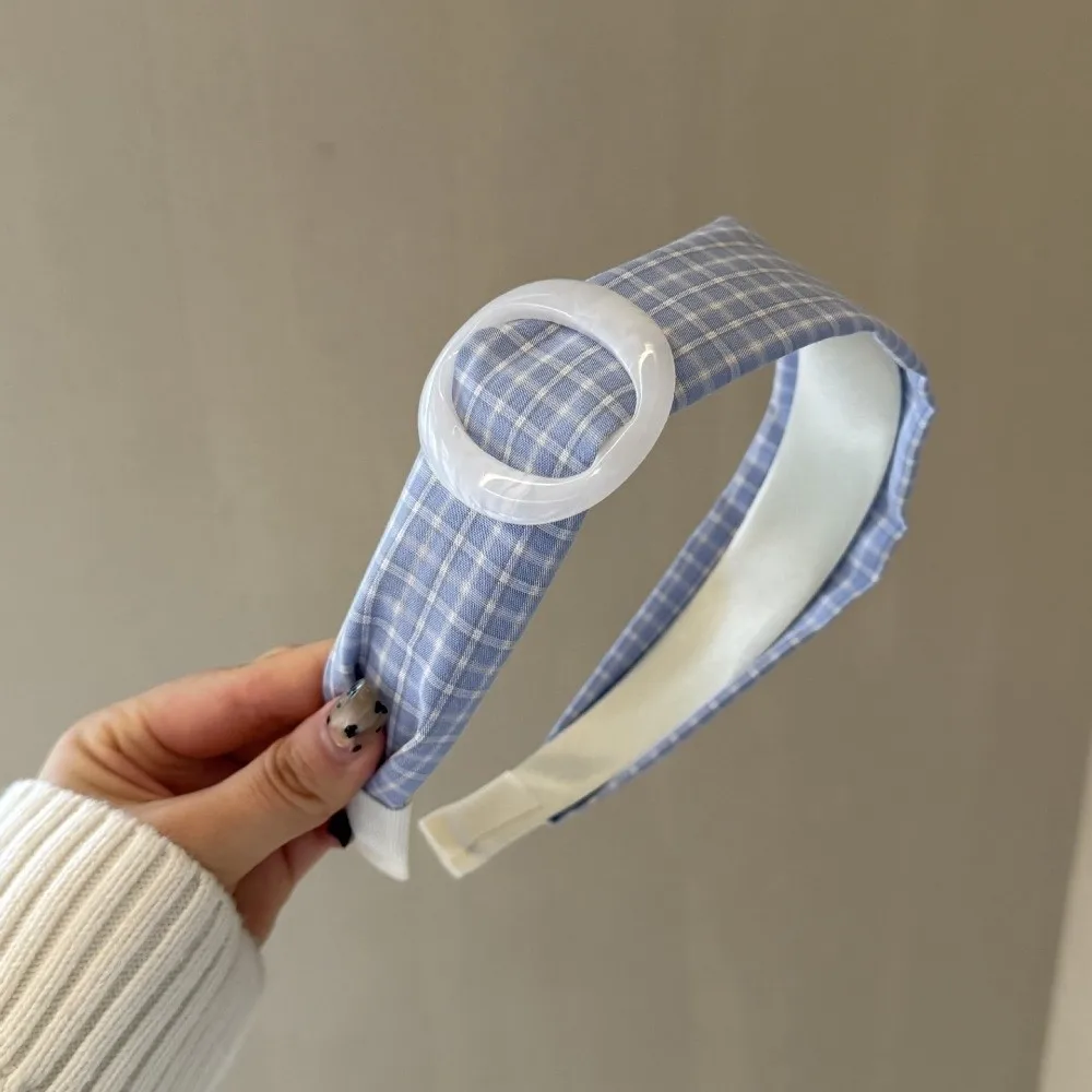 New Blue Plaid Wide Brim Headband High Crown Canvas Material Women Headband Padded Round Shape Makeup Headband For Hair Styling