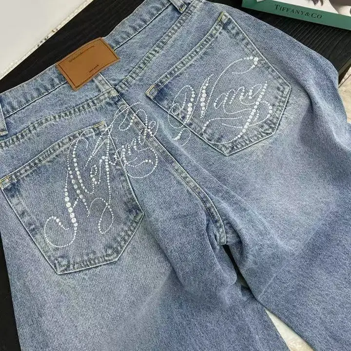 American Sle Spicy Girl Heavy Embellied Casual Denim Jeans Damen Retro Design Sensation Bodenlange Hose mit weitem Bein