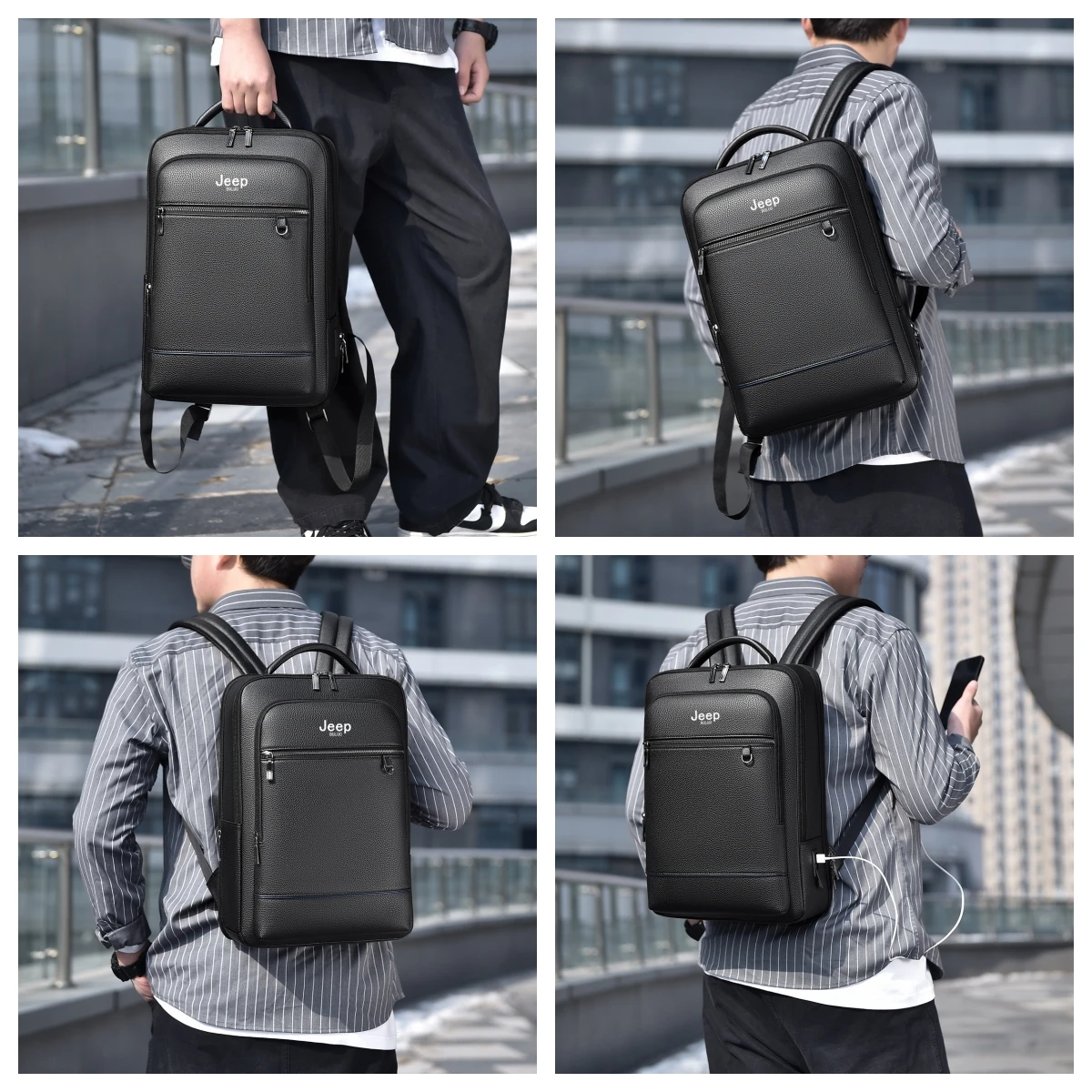 JEEP BULUO brand men genuine leather business backpacks high quality black casual cow leather travel office 15.6'laptop backpack