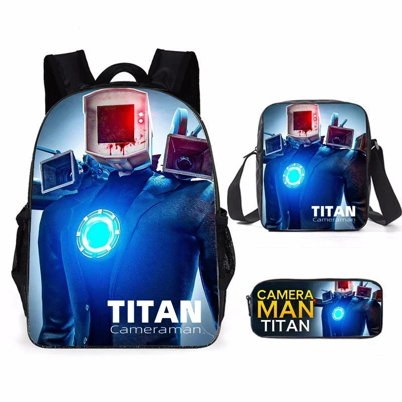 Set tas sekolah Toilet Skibidi, ransel kasual untuk anak laki-laki dan anak-anak, motif kamera Titan, 3 buah