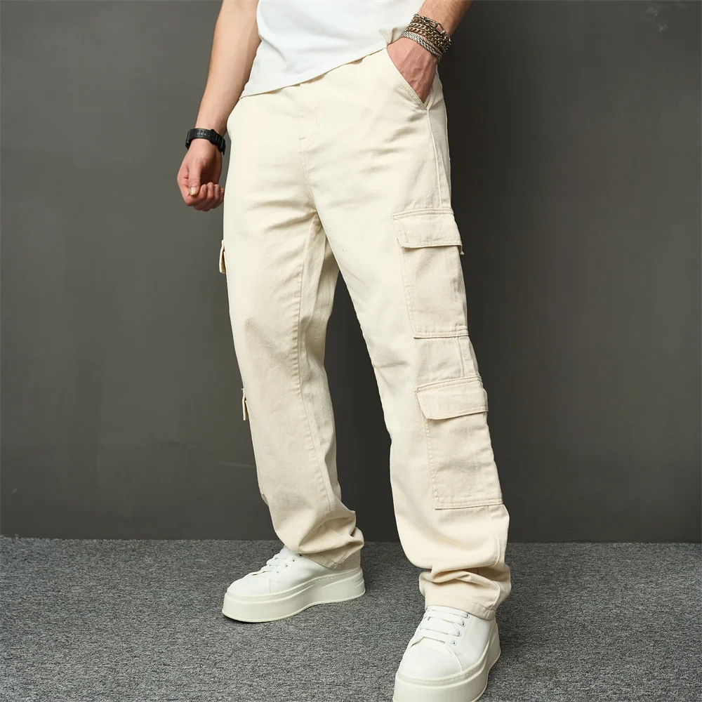 Streetwear Stylish Retro Multi pocket Cargo Men Jeans Male Good Quality Solid Loose Casual Straight Denim Pants