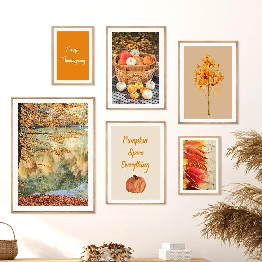 

Forest Lake Fall Leaves Pumpkin Quotes Autumn Poster Canvas Art Gallery Wall Picture for Living Room Home Decor