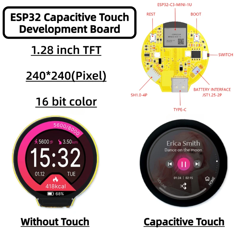 

ESP32 Arduino Development Board 1.28 Inch LCD Display Capacitive Touch Screen with Wifi Bluetooth Module ESP32-C3 Smart Display