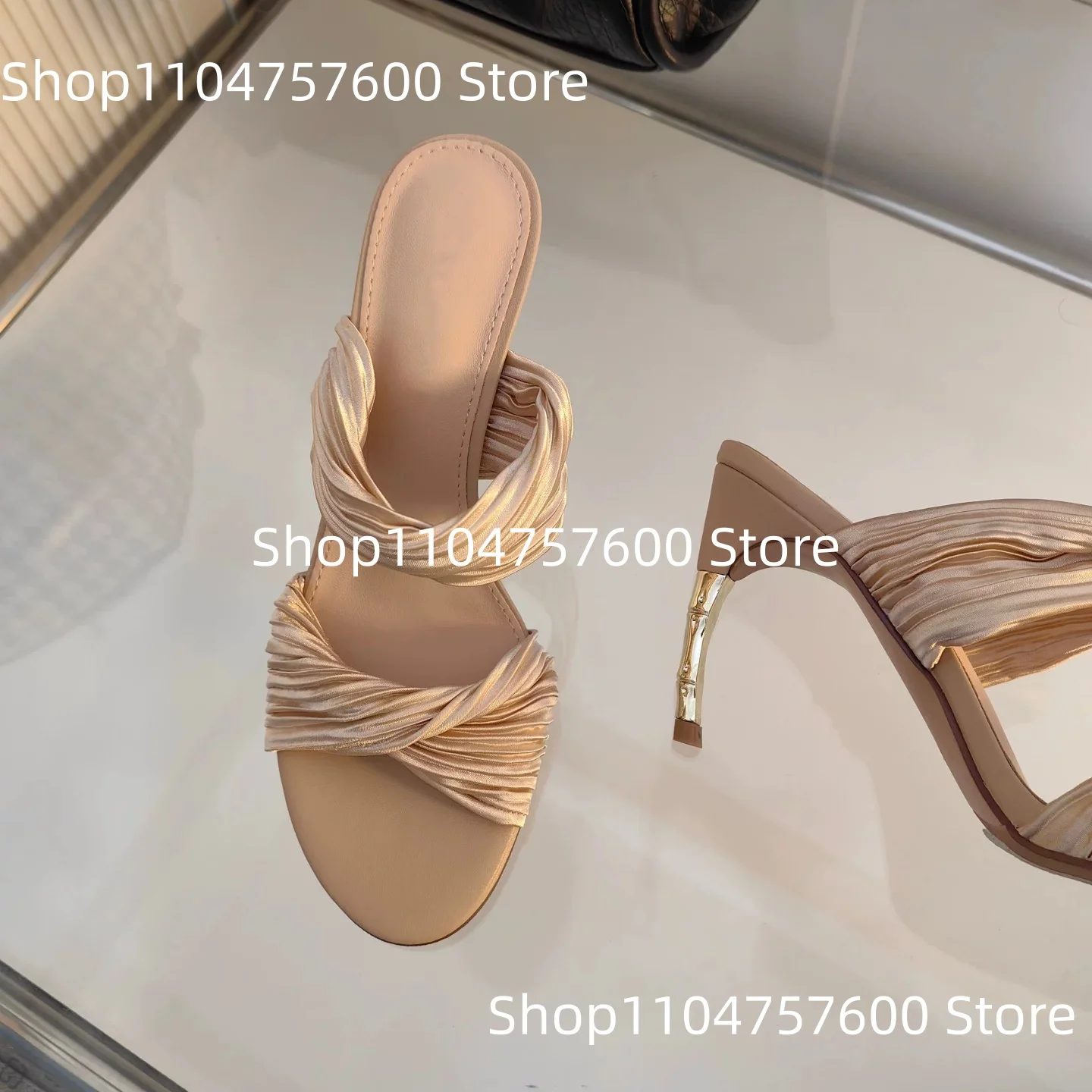 

Women's Champagne Satin Ruched Straps Square Toe Sculpted Heel Mule Sandals Sexy Elegant Slip-On Design Ladies Dress Slippers