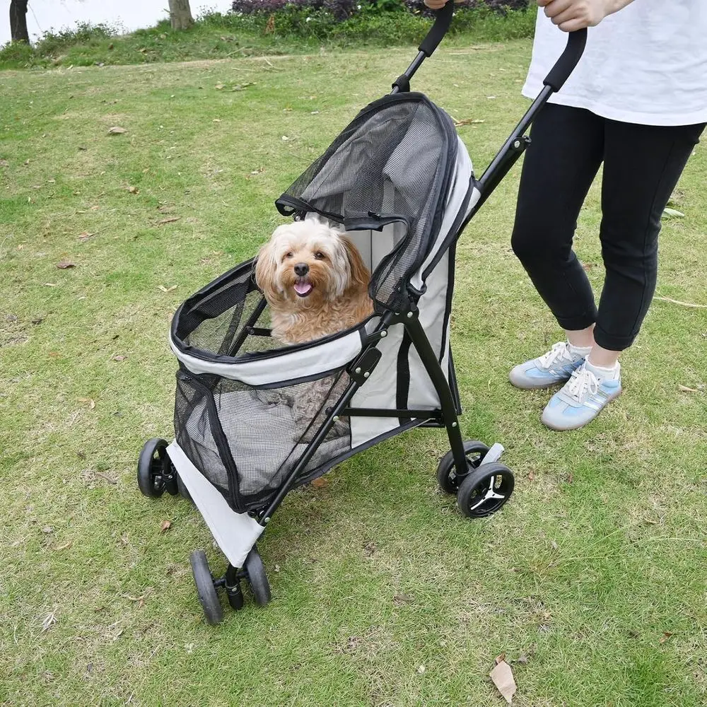 Compact 4-Wheel Dog Stroller for Small to Medium Dogs, Lightweight and Portable, Ideal for Travel and Jogging, Up to 22lbs, Gray