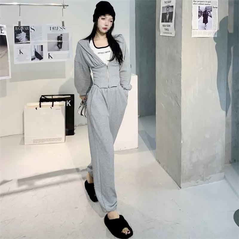 

Sporty Casual Two-Piece Set Long Sleeve Hoodie Jacket Letter Vest Trousers Printed Women's Sportswear Comfortable Elastic
