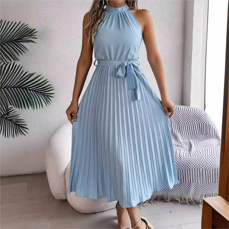 Summer Women' Standing Collar Sleeveless Waist Cinched Pleated Skirt Solid Color A-line Skirt Flowing Sun Skirt With Waist Belt