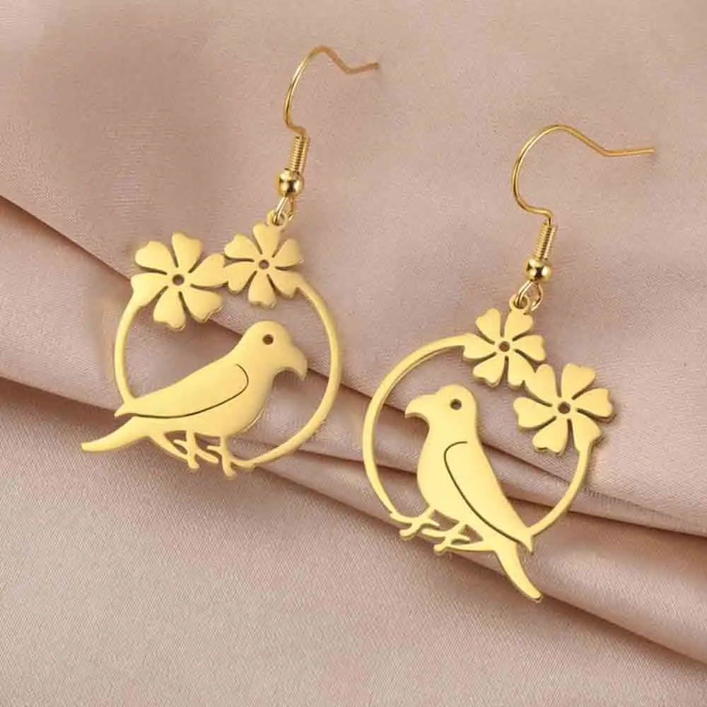 My Shape Birds Flower Drop Earrings Flowers Parrot Animal Dangle Earrings Loving Bird Stainless Steel Fashion Jewelry Wholesale