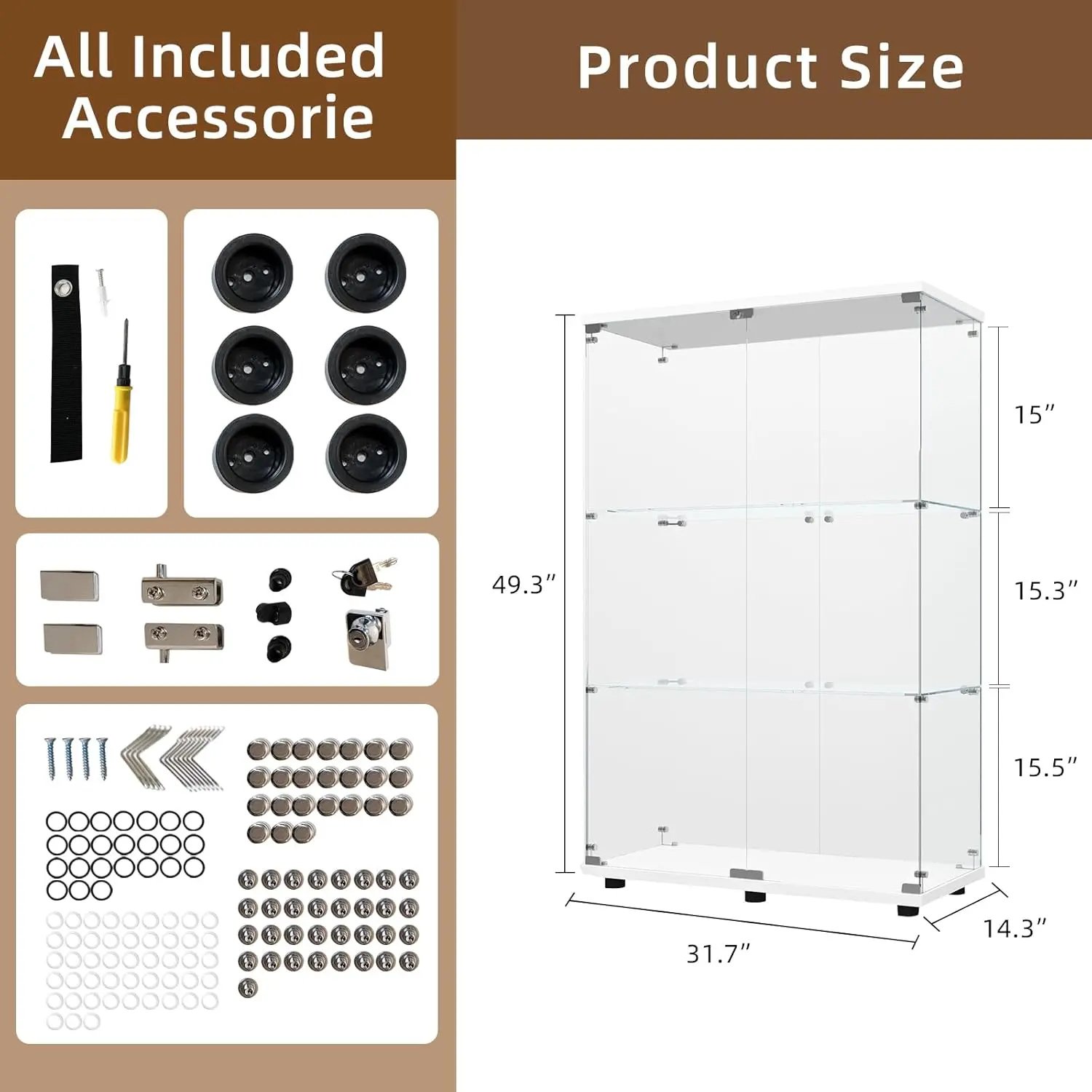

Display Cabinet with Glass Door and Lock,3-Shelf Fast Installation Cabinets with 5mm Tempered Glass (49"Hx32" W x14.3"D,White)