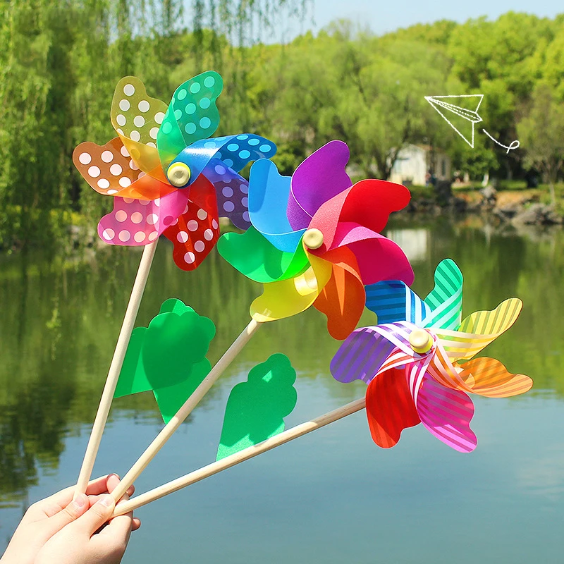 14/18/24/32CM Wooden Pole Seven Leaf Colorful DIY Windmill Garden Yard Party Outdoor Wind Spinner Ornament Garden Decoration