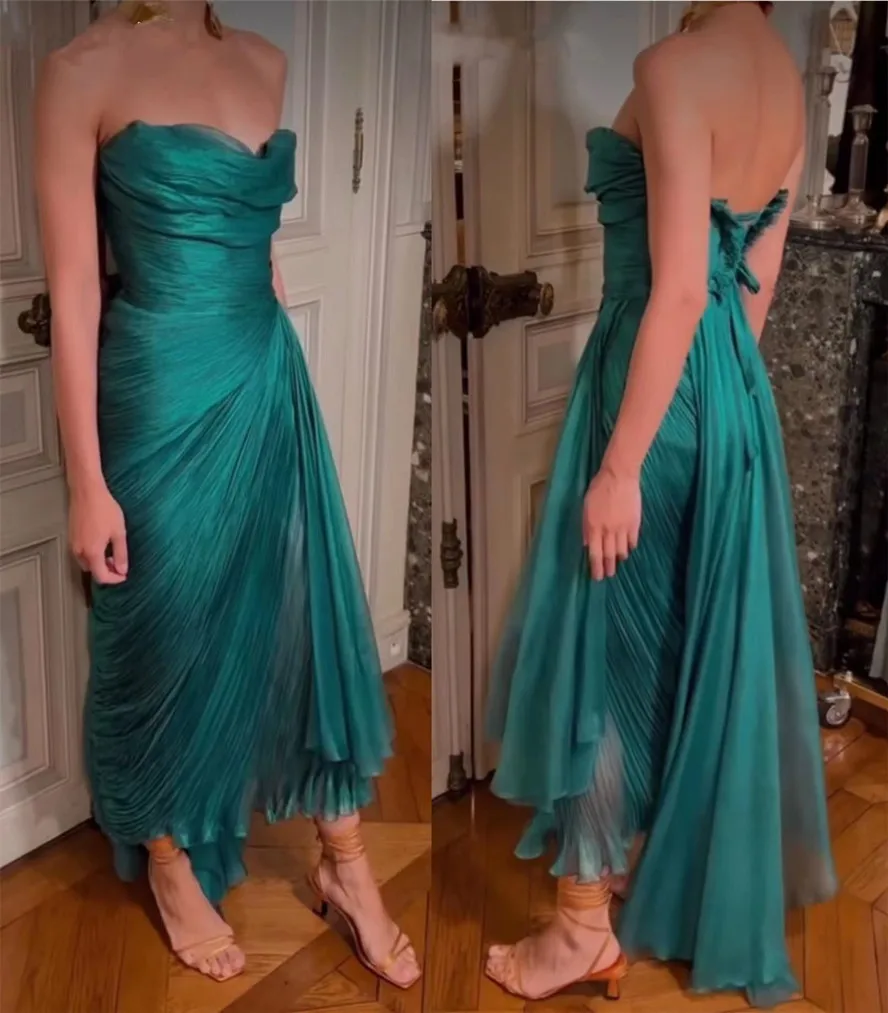 Green Chiffon Evening Dresses Strapless Prom Dresses Long Backless Special Occasion Saudi Arabia Wedding Party Gowns Customized