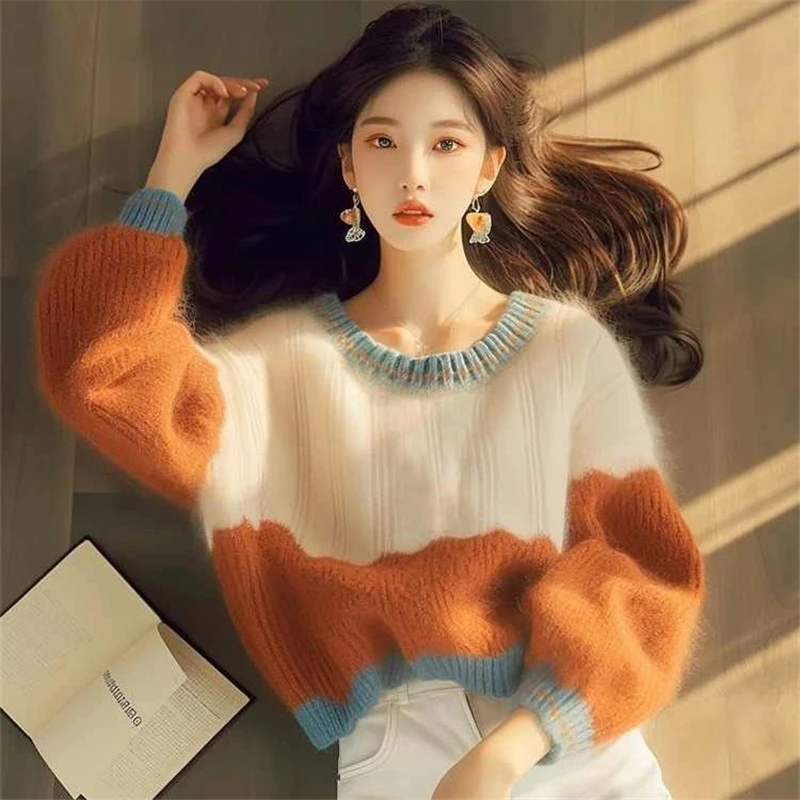 Korean Contrasting Mohair Sweater Autumn Winter High End Patchwork Cashmere Pullover Loose Printed Soft Knitwear Lazy Style 059H