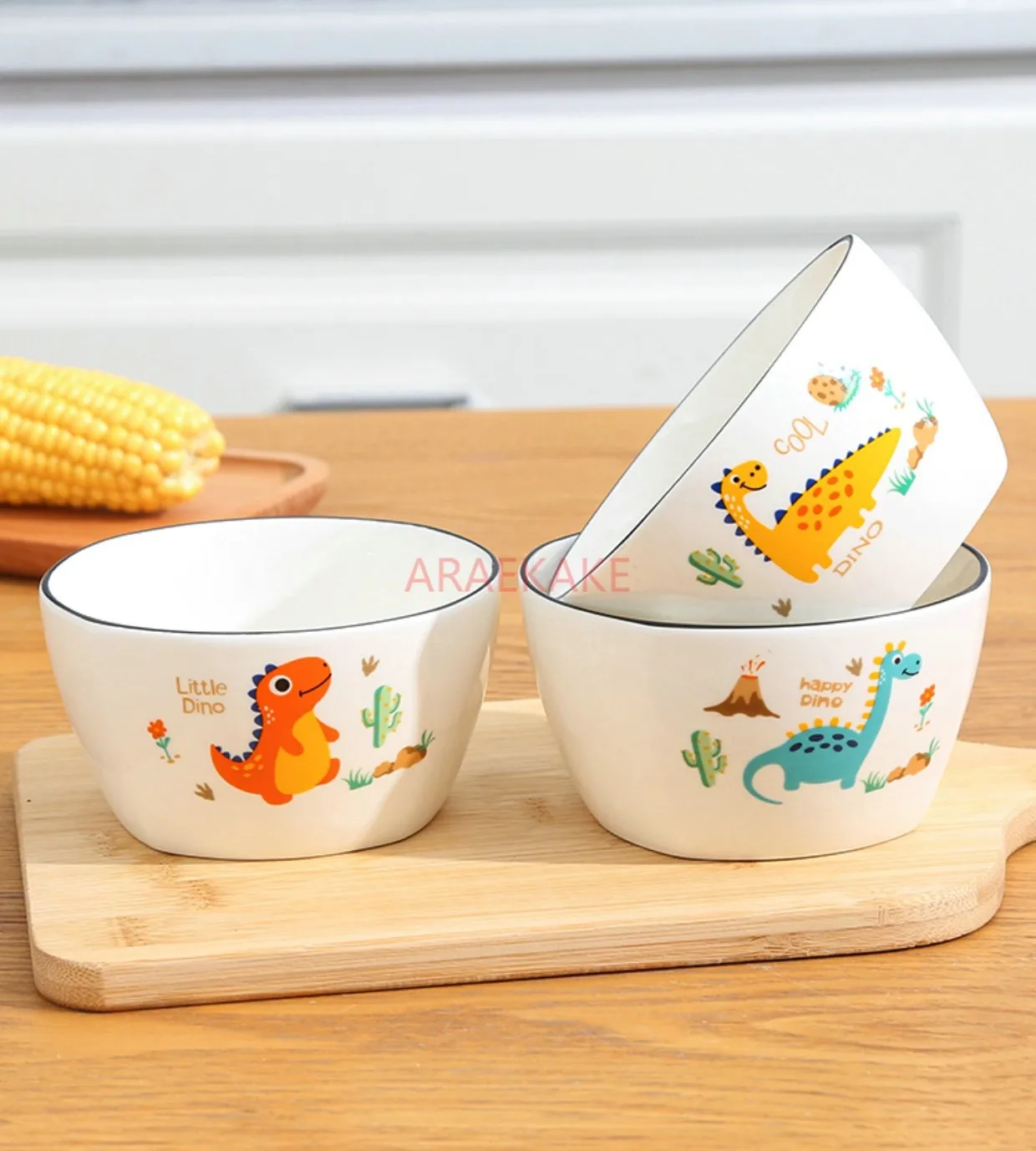 

4PCS Ceramic rice bowls, cartoon soup bowls, plates, household combination ceramic tableware