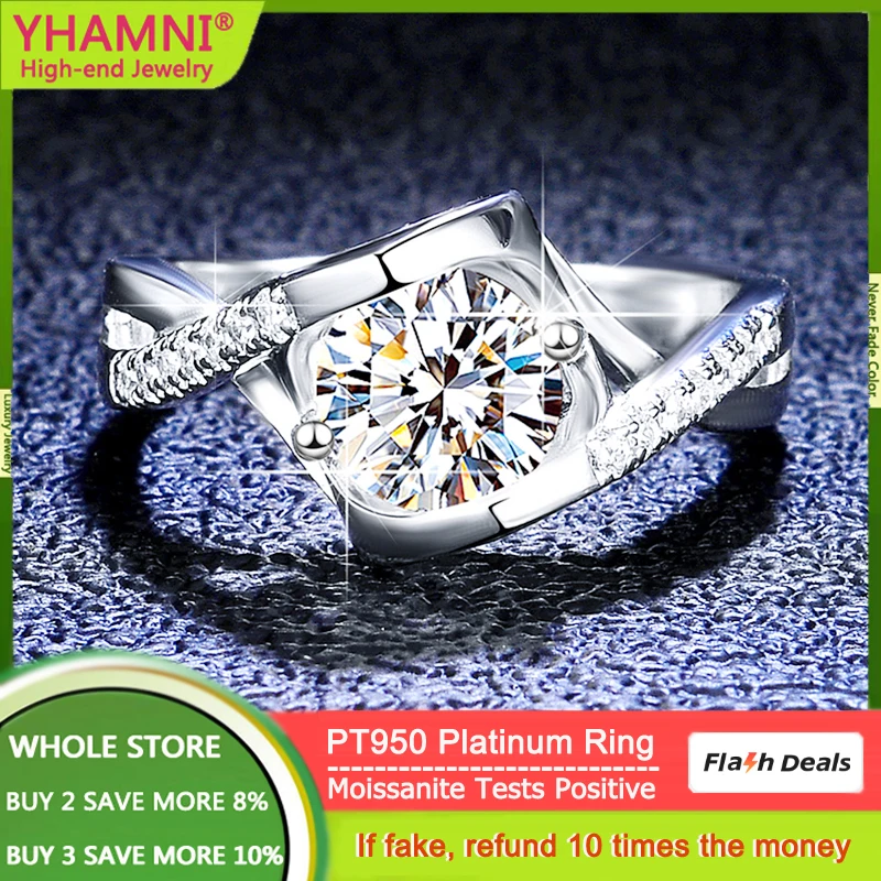 

YHAMNI Real PT950 Platinum Rings Heart 0.5ct/1ct VVS1 D Color Moissanite Diamond Ring Wedding Band Jewelry Gift for Women