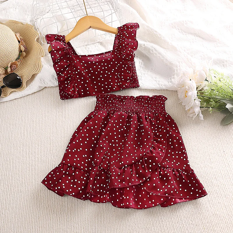 Girls\' Clothing Set 5-12T Tri-Color Optional Flying Sleeve Square Collar Vest Top + Lace Skirts  Children Girls Baby Clothes Set