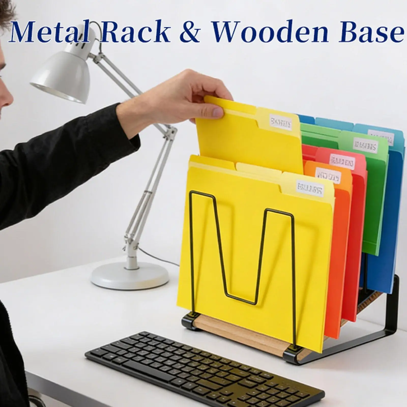 Desk File Organizer 5 Slot Magazine Rack Tilt with Wooden Base Bookshelf Modern File Magazine Newspaper Holder