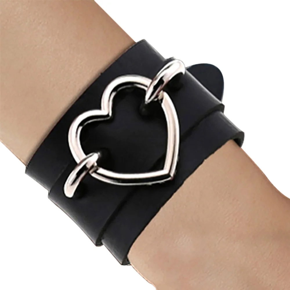 ​ Black Leather Cuff Wristband Goth Gothic Punk Big Round Heart Bracelets for Women Men Armbands Cosplay Rock Cool Nightclub