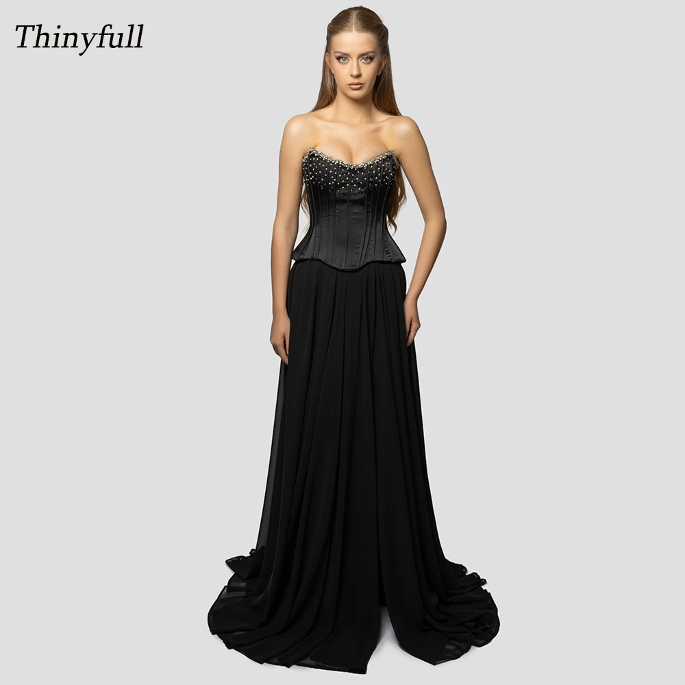 

Thinyfull A-line Satin/Chiffon Prom Dresses Strapless Sleeveless Evening Gown Custom Made Formal Occasion Dress Robe De Soirée