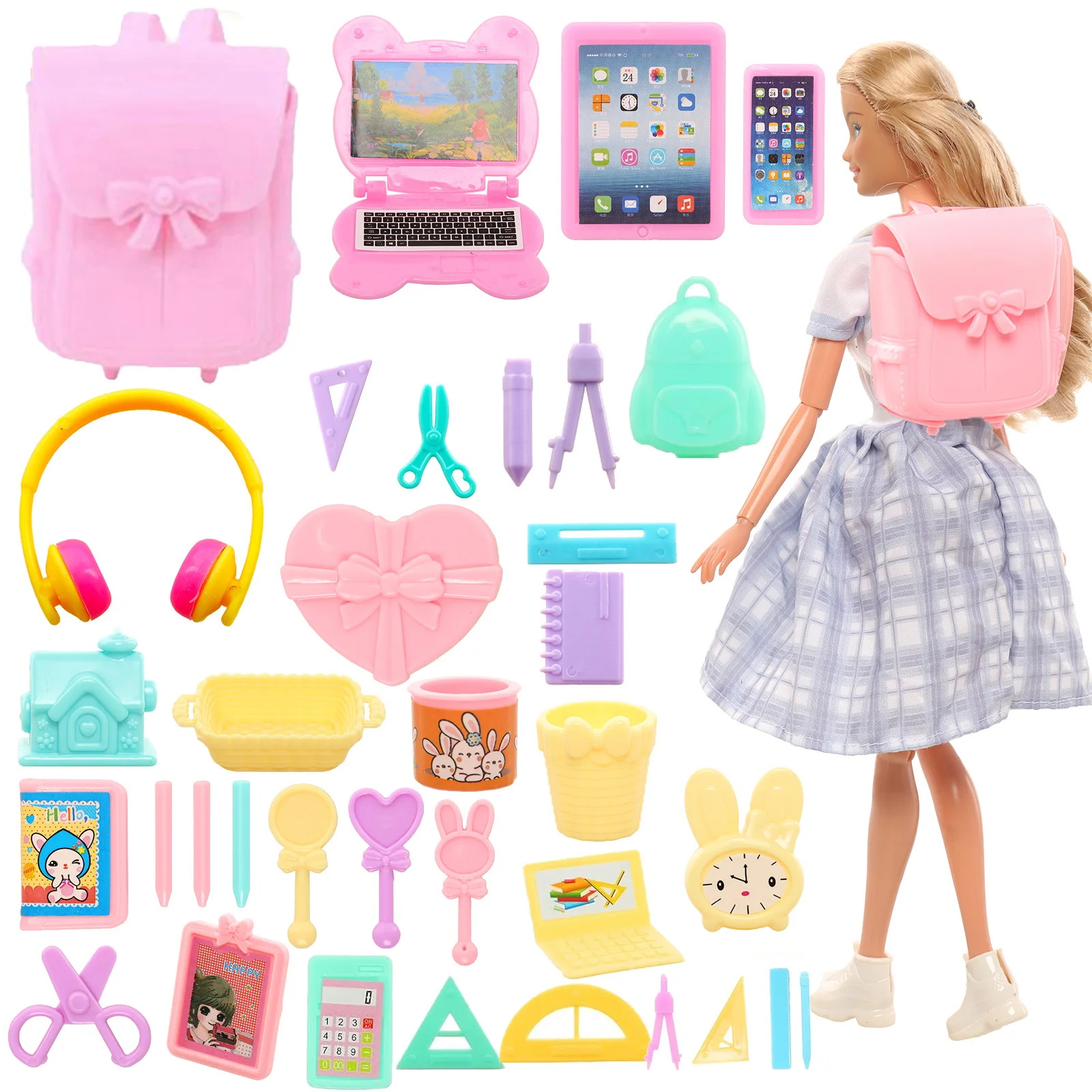 For Barbie Doll Living Set 36 Pieces=1 Backpack+3 Computers+1 Earphone+31 Accessories For 11.5 Inch Fashion Dollhouse Game toys