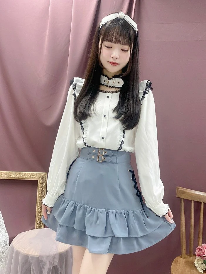 Japanese Mine Style Rojita Shirt Heart Buckle Ruffle Lace Patchwork Flare Sleeves Single-Breasted Sweet Lolita Blouse Tops Women