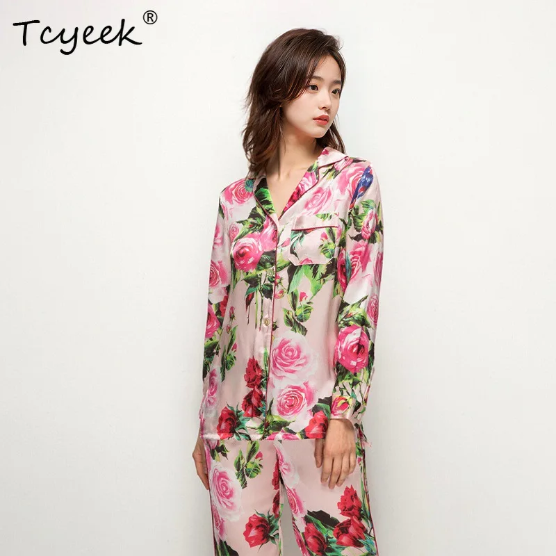 

Tcyeek, 16MM 100%Real Silk Pajama Set, Women Long Sleeve Pants, Comfortable Printed Casual Homewear, 2024 Summer Fall S46121QC