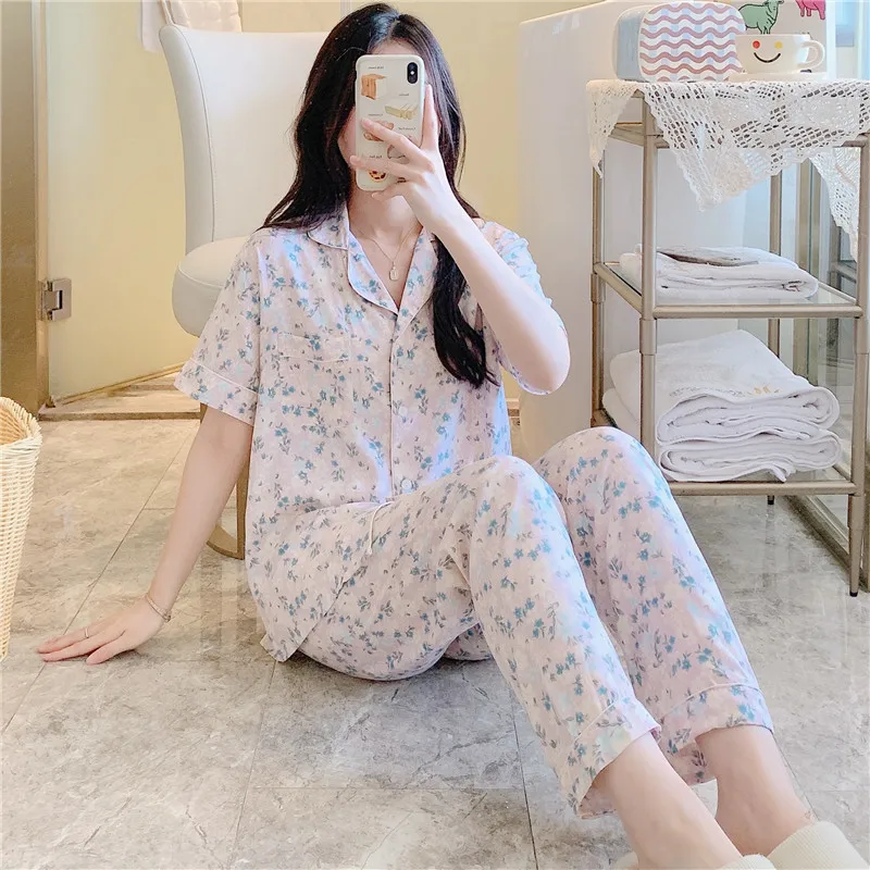 Pajamas Women Summer Short Sleeve Print Sleepwear Homewear Kawaii Korean Style Pajamas Set Home Clothes