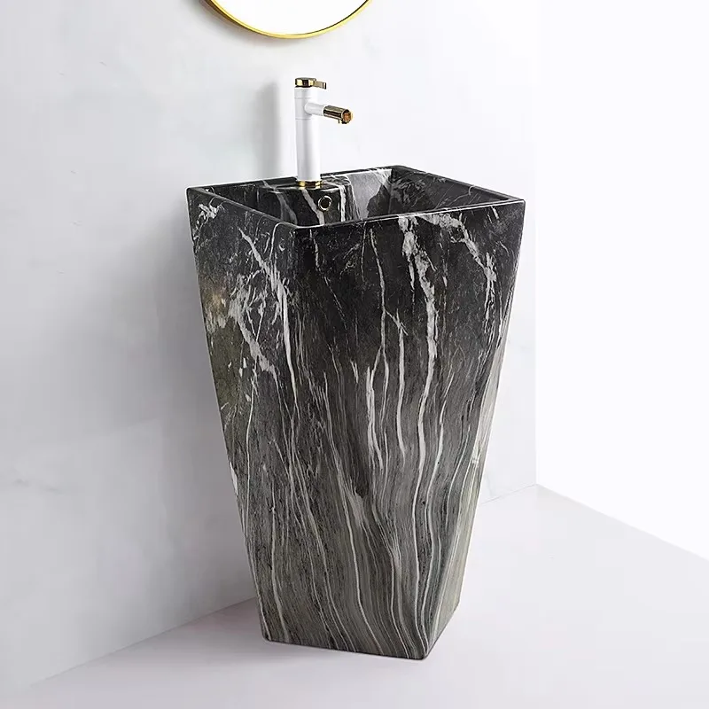 

Diamond Free Standing Ceramic One Piece Pedestal Sink Marble Pattern Wash Basin for Bathroom