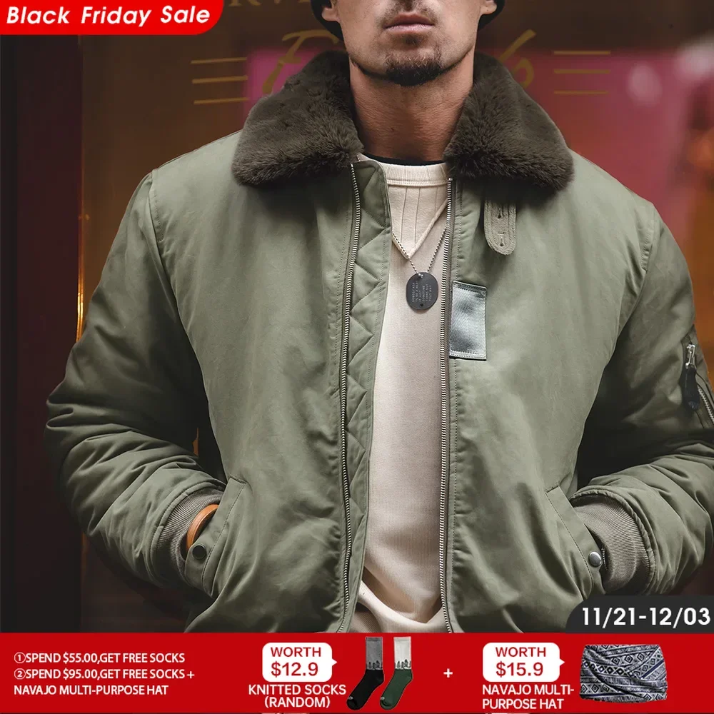 Maden Vintage B15 Bomber Jacket for Men Faux Rabbit Fur Lapel Signature Arm Pocket Winter Thickened Warm Windproof Coat Parkas