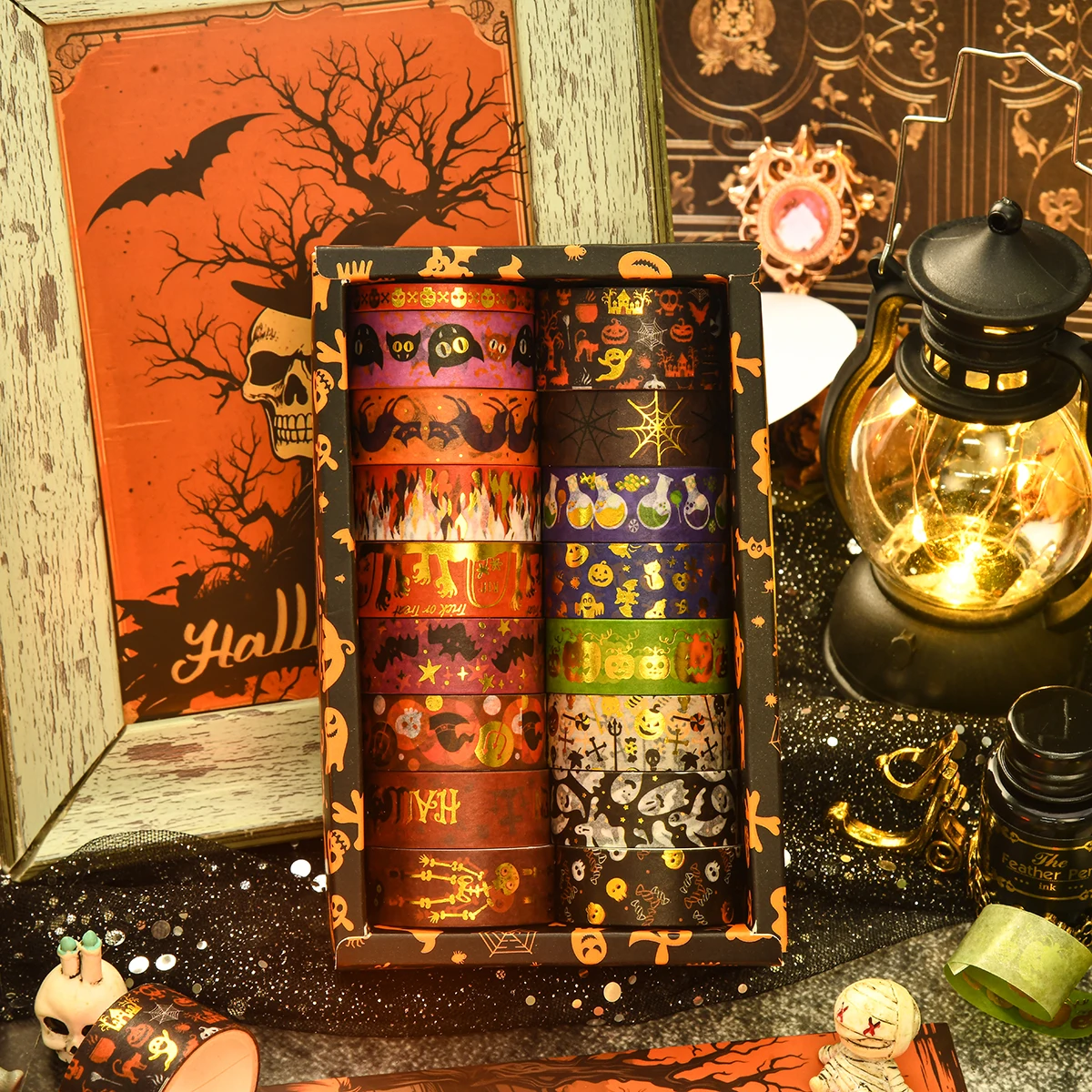 17-volume Vintage Halloween Patterns Washi Tape, Creative Gold And Silver Foiling Design Planner Tape, Party Gift Card Decoratio