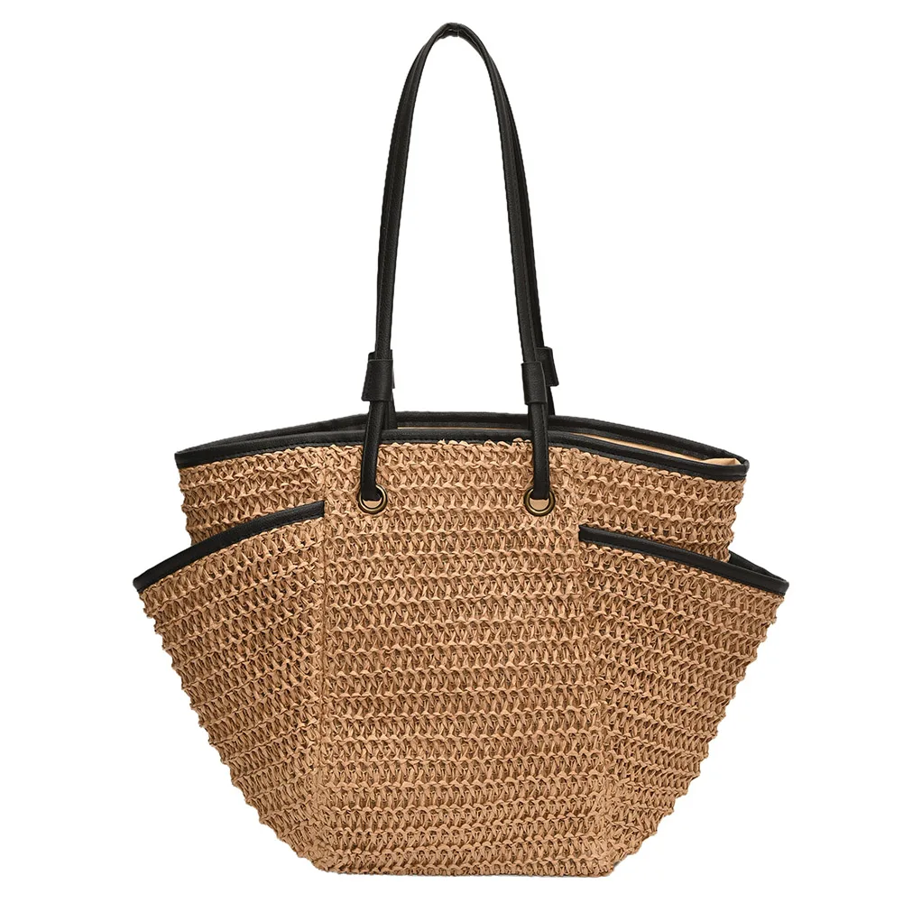 Sac fourre-tout en paille tissé pour femmes, sacs de plage d'été, sac à main tissé de grande capacité, multi-poches pour les voyages et le shopping, mode