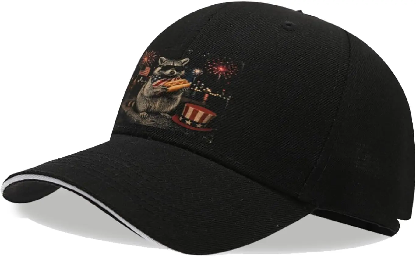Fourth of July Raccoon Hotdogs Hat for Men Vintage Cotton Washed Baseball Caps Adjustable