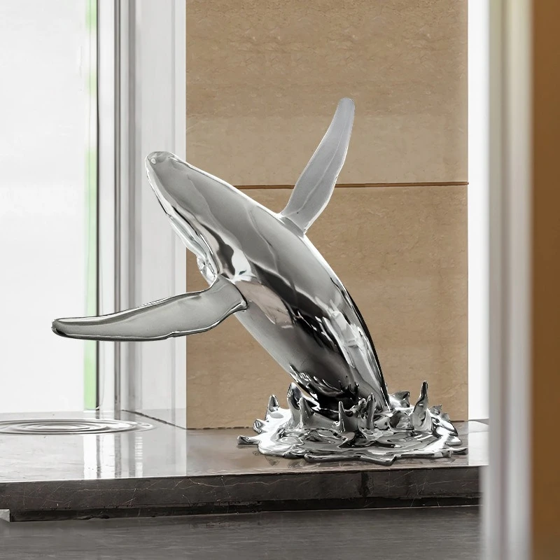 Floor-to-ceiling landscape ornaments, FRP dolphin sculpture sales office, hotel lobby electroplating art installation
