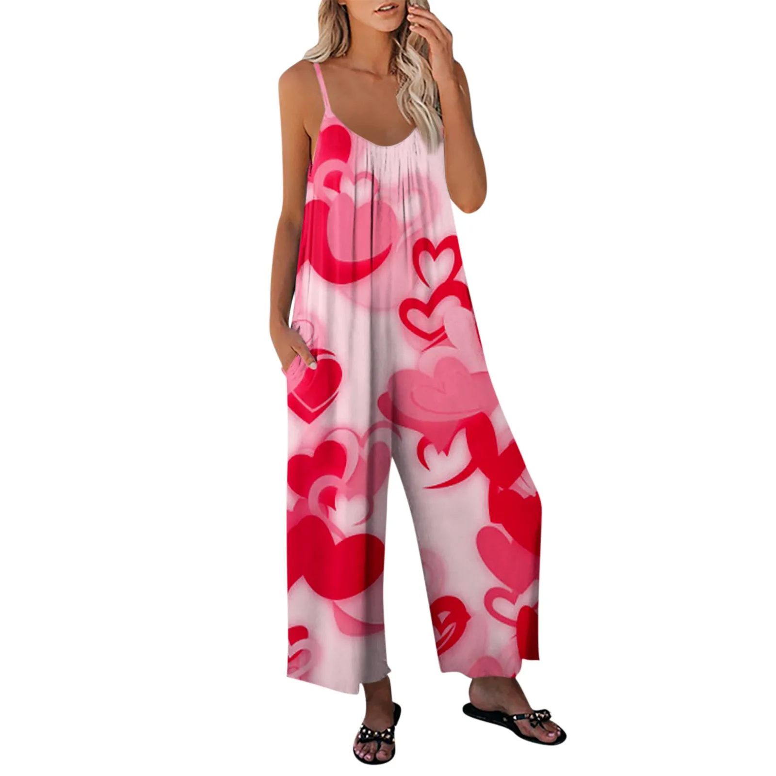 Women'S Jumpsuits Valentine'S Day Printed Jumpsuit Casual Loose Adjustable Suspender Jumpsuit Enterizos Para Mujeres Roupas