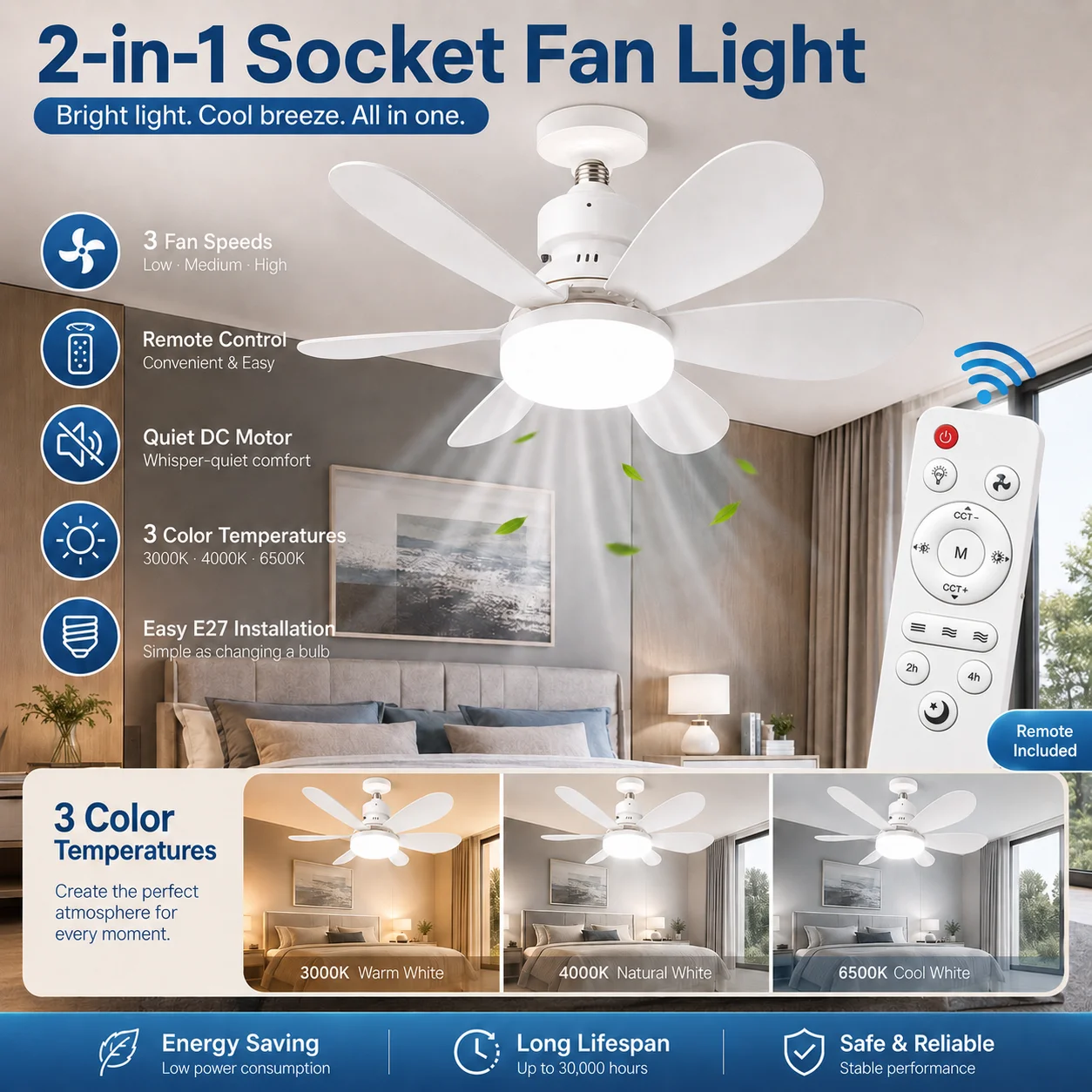 20.5인치 E27 LED 천장 선풍기 조명, 리모컨  - Voice Control Light Bulb 리뷰 및 가격
