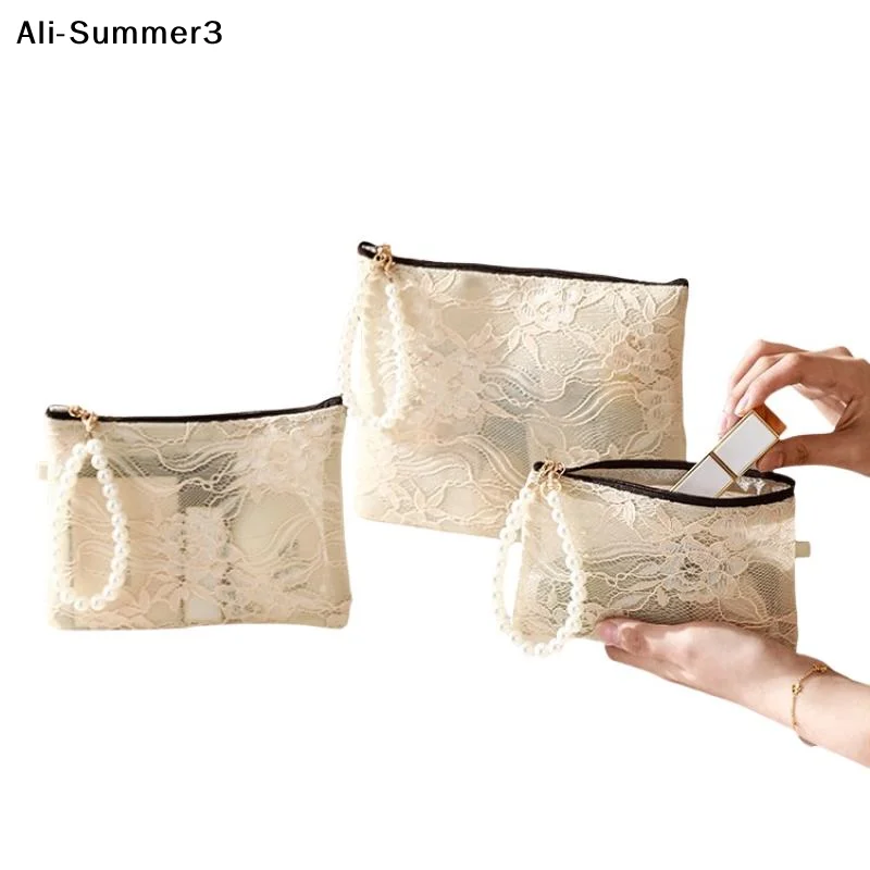 【YY】1Pc 2026 Lace Cosmetic Bag With Pearl Wrist Strap And Semi Transparent Design Perfect For Daily Makeup Storage Travel Use